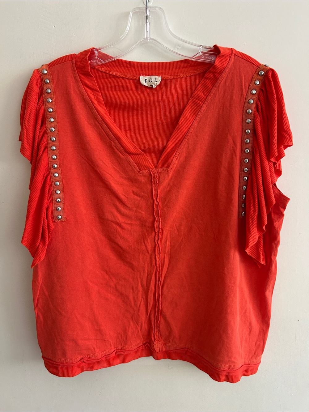 POL Red Stud-Trim Ruffle Sleeve V-Neck Top